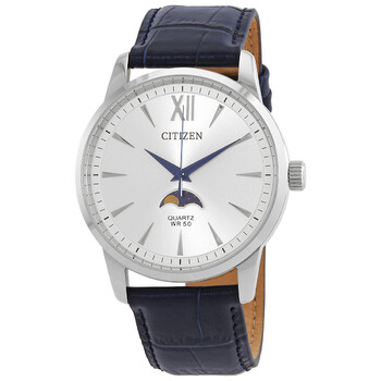 Đồng hồ Citizen Quartz mặt bạc dây da xanh nam AK5000-03A chính hãng