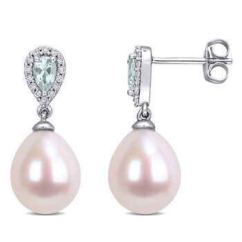 Trang sức Amour Vàng trắng 10K 1/7 CT Kim cương và 3/8 CT Aquamarine & Freshwater Pearl Dangle Bông tai (khuyên tai, hoa tai) chính hãng 6 amour 10k white gold 1 7 ct tdw diamond and 3 8 ct tgw aquamarine with 9 9 5 mm freshwater pearl dangle earrings jms006514