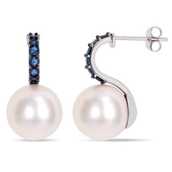 Trang sức Amour Vàng trắng 10K Freshwater Cultured Pearl và 5/8 CT TGW Sapphire Drop Bông tai (khuyên tai, hoa tai) với Đen Rhodium mạ chính hãng 6 amour 10k white gold freshwater cultured pearl and 5 8 ct tgw sapphire drop earrings with black rhodium plated jms007038