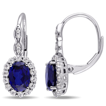 Trang sức Amour Vàng trắng 14K 3 3/8 Oval Shape Created Blue Sapphire, White Topaz và 0.04 CT TDW Kim cương Accent Vintage LeverBack Bông tai (khuyên tai, hoa tai) chính hãng 6 amour 14k white gold 3 3 8 oval shape created blue sapphire white topaz and 0 04 ct tdw diamond accent vintage leverback earrings jms006993