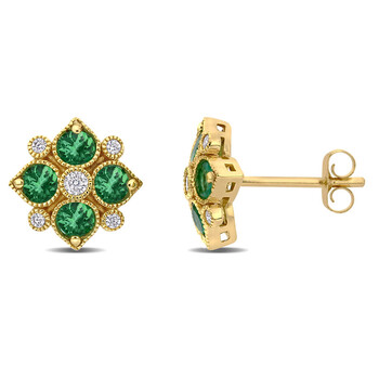 Trang sức Amour Vàng 14K 3/4 CT TGW Emerald và 1/8 CT TW Kim cương Floral Stud Bông tai (khuyên tai, hoa tai) chính hãng 6 amour 14k yellow gold 3 4 ct tgw emerald and 1 8 ct tw diamond floral stud earrings jms007097