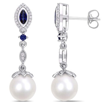 Trang sức Amour Vàng trắng 10K 8.5-9 mm FW White Pearl và 1/5 CT TDW Kim cương với 1/3 CT TGW Created Blue Sapphire Dangle Bông tai (khuyên tai, hoa tai) chính hãng 6 amour earrings jms005811