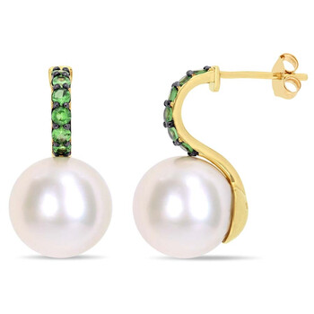 Trang sức Amour Vàng 10K 11-12 mm Freshwater Cultured White Pearl và 5/8 CT TGW Tsavorite Stud Bông tai (khuyên tai, hoa tai) chính hãng 6 amour earrings jms005850