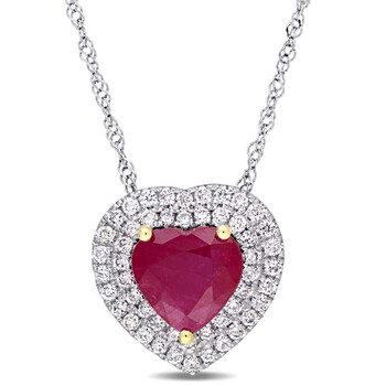Trang sức Amour Hình trái tim Ruby và 1/4 CT TW Kim cương Double Halo Pendant với Chain Vàng trắng 14K với Yellow Gold Prongs JMS004849 chính hãng 6 amour necklaces jms004849