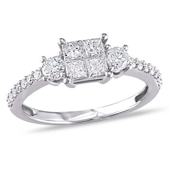 Trang sức Amour 3/4 CT TW Princess-Cut và Round Shaped Kim cương Quad Halo Nhẫn đính hôn Vàng trắng 14K chính hãng 6 amour rings amr jms004750