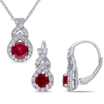 Trang sức Amour Bạc 925 Created White Sapphire và Created Ruby Teardrop Halo Bông tai (khuyên tai, hoa tai) và Pendant với Chain Set chính hãng 6 amour sterling silver created white sapphire and created ruby twist teardrop halo leverback earrings and pendant with chain set jms007856