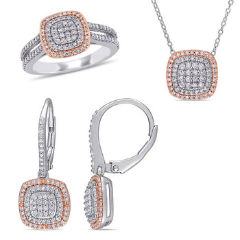 Trang sức Amour Two-Tone Silver 3-piece Set 1 1/2 Ct Tw Kim cương Halo Cluster Leverback Bông tai (khuyên tai, hoa tai), Pendant với Chain và Split Shank Nhẫn Set chính hãng 6 amour two tone silver 3 piece set 1 1 2 ct tw diamond halo cluster leverback earrings pendant with chain and split shank ring set jms008301 8