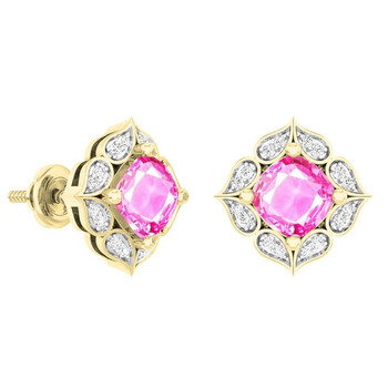 Trang sức Dazzling Rock Dazzlingrock Collection 14K Each 6 MM Cushion Lab Created Pink Sapphire & Round Kim cương Nữ Stud Bông tai (khuyên tai, hoa tai), Yellow Gold chính hãng 6 dazzling rock lc1245 5173 14ky