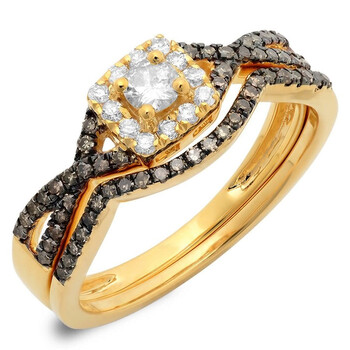 Trang sức Dazzling Rock Dazzlingrock Collection 0.60 Carat (ctw) 14K Champagne & Kim cương trắng Split Shank Halo Bridal Nhẫn Set, Yellow Gold, chính hãng 6 dazzlingrock rings k2850p p