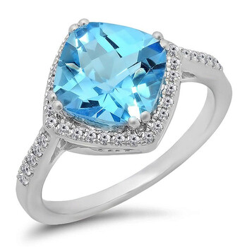 Trang sức Dazzling Rock Dazzlingrock Collection 14K Cushion Cut Blue Topaz & Round Cut Kim cương trắng Bridal Halo Nhẫn đính hôn, Vàng trắng chính hãng 6 dazzlingrock rings k340214kw p