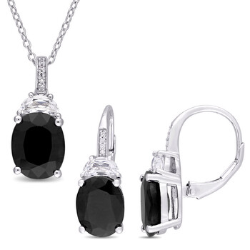 Trang sức Amour Bạc 925 12 CT TGW Đen Sapphire và Created White Sapphire với Kim cương Accent Bông tai (khuyên tai, hoa tai) và Pendant với Chain Set chính hãng 6 sterling silver 12 ct tgw black sapphire and created white sapphire with diamond accent earrings and pendant with chain set jms007824