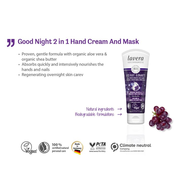 Lavera Good Night 2In1 Hand Cream Mask Wirh Organic Grape Organic Shea Butter For Very Dry Skin 75ml