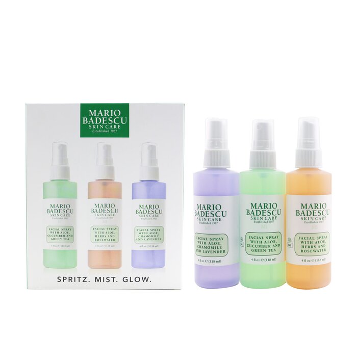 Mario Badescu Spritz Mist Glow Set Facial Spray With Aloe Cucumber And Green Tea Facial Spray With Aloe Herbs Rosewater Facial Spray With Aloe Chamomile Lavender 3x 118ml