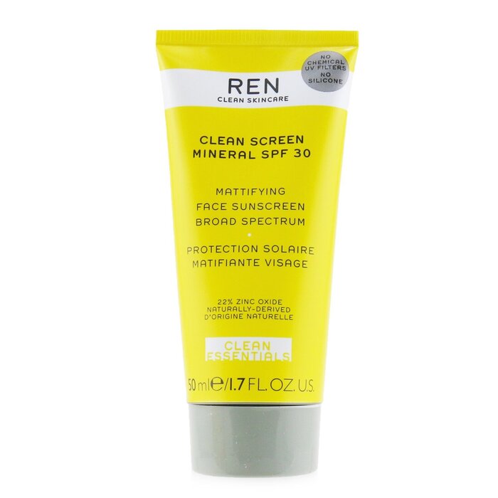 Ren Clean Essentials Clean Sreen Mineral SPF 30 Mattifying Face Sunscreen Broad Spectrum High Protection 50ml