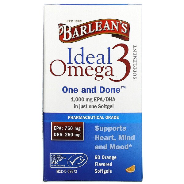 Barlean's Ideal Omega 3 Orange 1,000 mg EPA/DHA 60 Softgels 7 barlean s ideal omega 3 orange 1 000 mg epa dha 60 softgels 106163