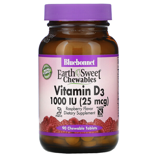 Bluebonnet Nutrition Earth Sweet viên nhai Vitamin D3 Raspberry 1,000 IU (25 mcg) 90 viên nhai 7 bluebonnet nutrition earth sweet chewables vitamin d3 raspberry 1 000 iu 25 mcg 90 chewable tablets 18624