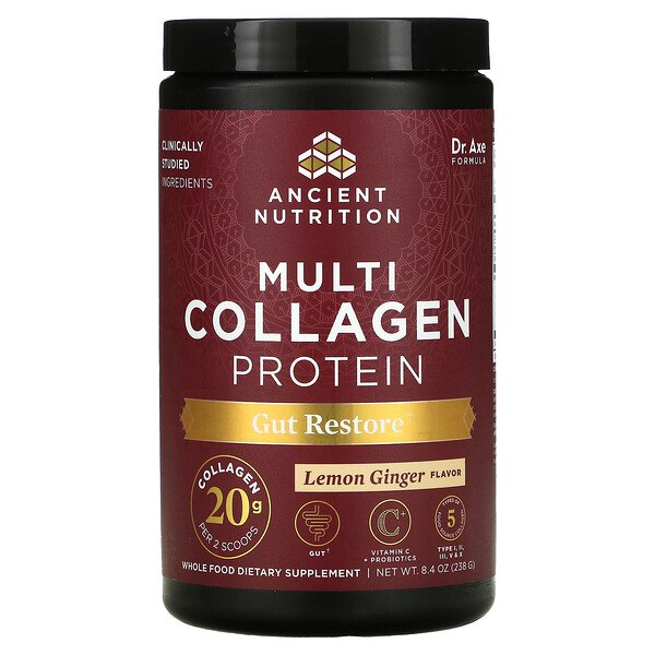 Dr. Axe / Ancient Nutrition Multi Collagen Protein Gut Restore Lemon Ginger 8.4 oz (238 g) 7 dr axe ancient nutrition multi collagen protein gut restore lemon ginger 8 4 oz 238 g 97713