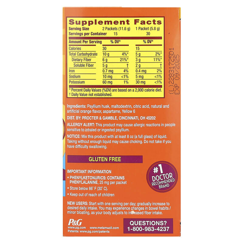 Metamucil On-The-Go Fiber Sugar-Free Orange Packets 30 ct