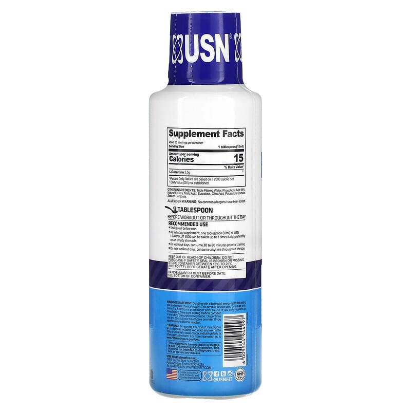 USN Liquid L-Carnicut 3500 Max Strength Dosage Blue Raspberry 15.22 fl oz  (450 ml) | XaXi