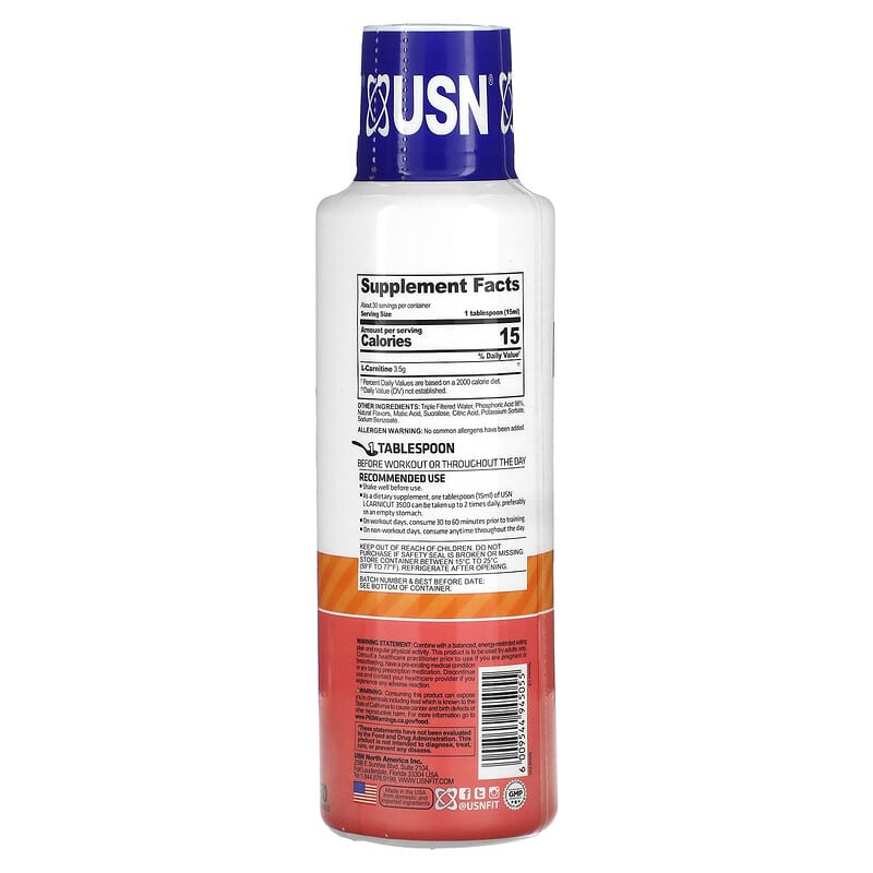 USN Liquid L-Carnicut 3500 Max Strength Dosage Peach Mango 15.22 fl oz (450  ml) | XaXi