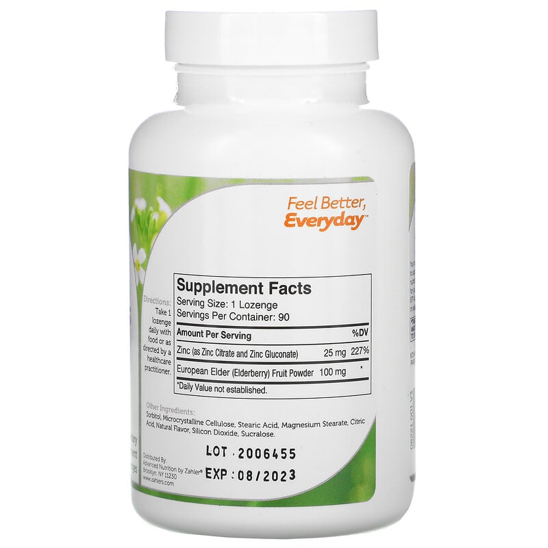 Zahler Zinc Lozenges Bioactive Zinc & Elderberry Elderberry 90 Chewable
