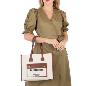Burberry Freya Small Two-tone Canvas And Leather Tote In Natural/Tan